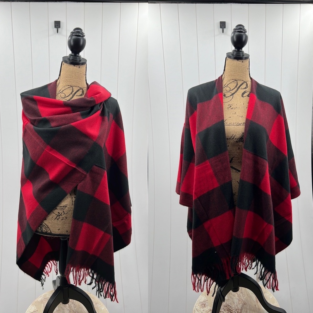 🆕Shawl Ruana Wrap Buffalo Check Black Red Multiple Use Soft One Size